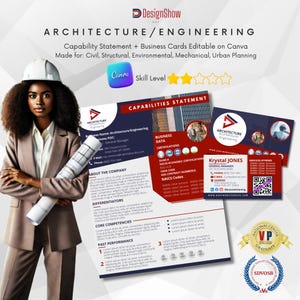 Puede incluir: Una mujer con un traje beige y un casco blanco sostiene planos arquitectónicos. La imagen incluye una declaración de capacidades y tarjetas de visita con el texto "ARCHITECTURE/ENGINEERING" y "Editable on Canva". El diseño es para ingeniería civil, estructural, ambiental, mecánica y urbanismo.