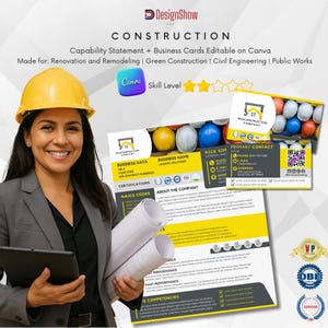 May include: A yellow and black construction company capability statement and business card template. The template includes a business data section, a business name section, a primary contact section, and an about the company section. The template is editable on Canva. The template is made for renovation and remodeling, green construction, civil engineering, and public works.