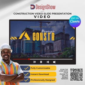 May include: A video slide presentation template for construction companies. The template features a yellow and black construction sign with the text "Design Construction" and a photo of a building under construction. The template is fully customizable, has an instant download option, and is professionally designed.