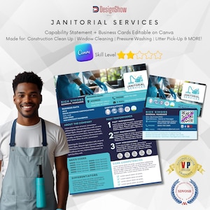 May include: A smiling man in a gray apron stands next to a business card and capability statement design for janitorial services. The design features a blue and white color scheme with the text "Janitorial Services" and a cleaning icon.
