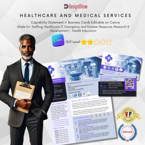 Puede incluir: Una tarjeta de visita en blanco y negro con un logotipo azul y blanco para una empresa de servicios de salud y médicos. La tarjeta incluye el nombre de la empresa, la información de contacto y el nombre y el cargo del gerente general. La tarjeta también incluye un código QR e iconos de redes sociales.