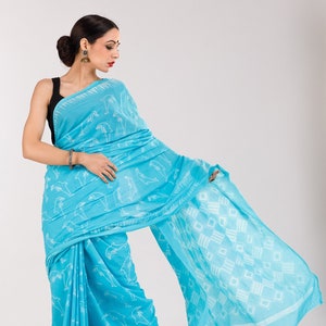 Shibori Saree on Soft Cotton/Cotton Sari/Blue Cotton Sari/Blue Saree/Blue Sari/Sustainable Fashion/Office Wear Sari/Saree for Gifting/Sari image 1