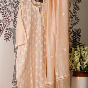 Peach Chikankari Kurta Dupatta set, very fine quality resham chikankari, hand embroidered pure chanderi suit for Indian wedding