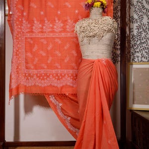 Light Orange Chikankari Saree, cotton saree, handloom sari, summer saree, office wear sari, indian sari, chikan saree, lucknowi saree
