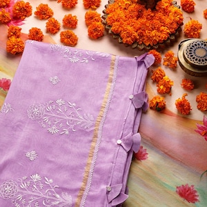 Chikankari Chanderi Silk saree in Lilac colour with Mukaish highlights, wedding saree