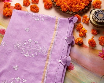 Chikankari Chanderi Silk saree in Lilac colour with Mukaish highlights, wedding saree