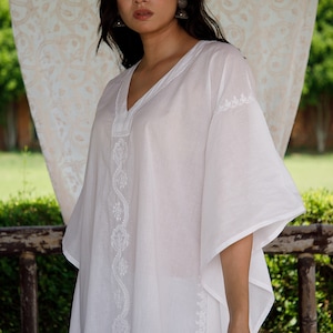 white cotton kaftan, womenwear, cotton cover up, free size dress, hand embroidered dress, caftan, oersize tunic, summer gift,resort wear