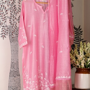 Pink Chikankari Suit set very fine quality threadwork on handwoven Chanderi fabric,Kurta & Dupatta set for women for Indian wedding wear