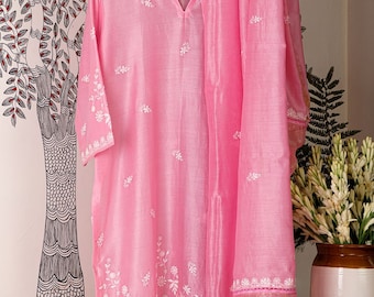 Pink Chikankari Suit set very fine quality threadwork on handwoven Chanderi fabric,Kurta & Dupatta set for women for Indian wedding wear