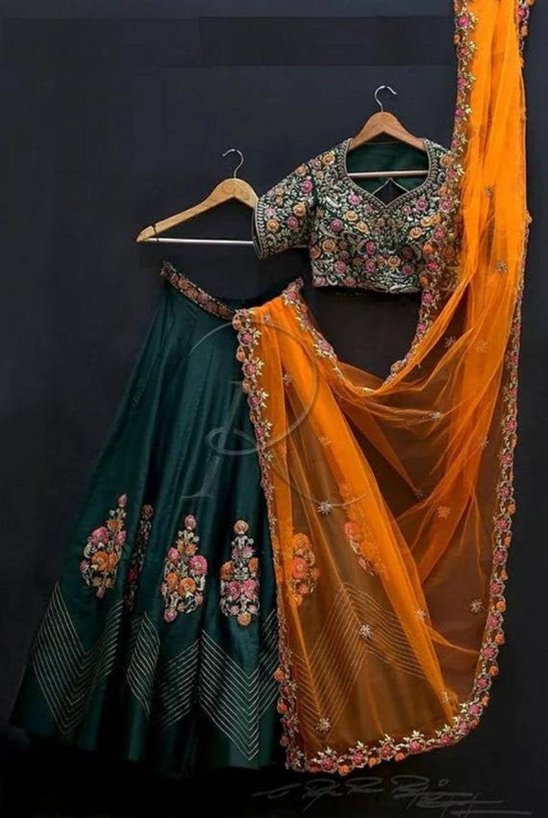 orange green combination lehenga