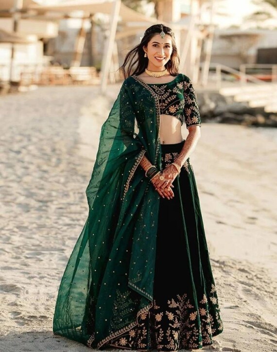 Dark Green Velvet Lehenga Choli Dupatta 