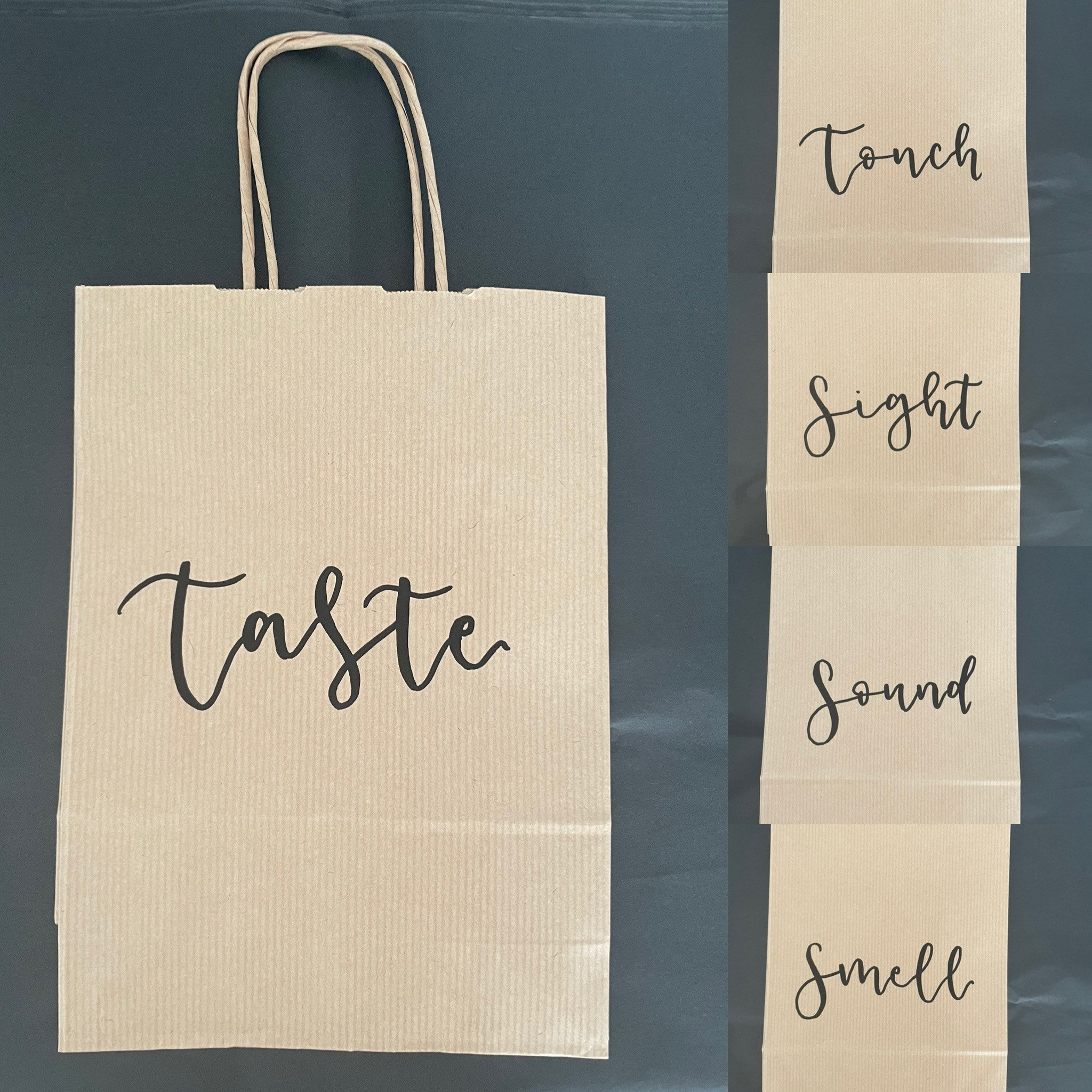 Handwritten Five Senses Gift Bags in Brown Kraft or White Paper With  Silver, Navy, White, Rose Gold, Gold or Black Calligraphy 