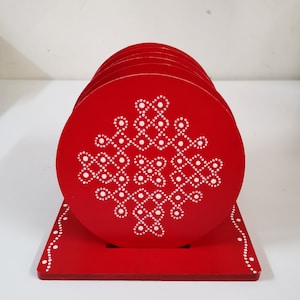Red and White Kolam Design Coaster Set, Dot Mandala Coasters, Coffee Coasters, Round Coasters, Wooden Coasters, Mandala, Gifts, South Indian