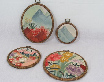 Vintage Kimono Painted Silk Wall Hanging 4 Piece set