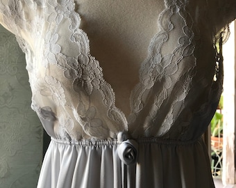 70s Victoria's Secret Nightgown: Silver Lace Bodice, Petite Size