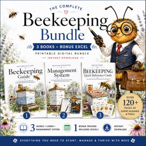Puede incluir: El Complete Beekeeping Bundle incluye tres guías digitales imprimibles tituladas Beekeeping Guide, Management System y Beekeeping Quick Reference Cards. Una abeja ilustrada con gafas y chaleco sostiene un bolígrafo y un maletín.