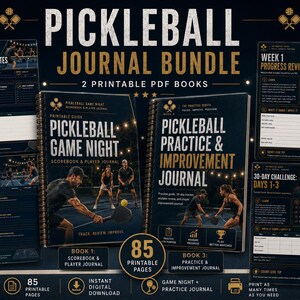 May include: A pickleball journal bundle featuring two printable PDF books titled Pickleball Game Night Scorebook and Player Journal and Pickleball Practice and Improvement Journal, with 85 printable pages, dark blue backgrounds, and gold text.