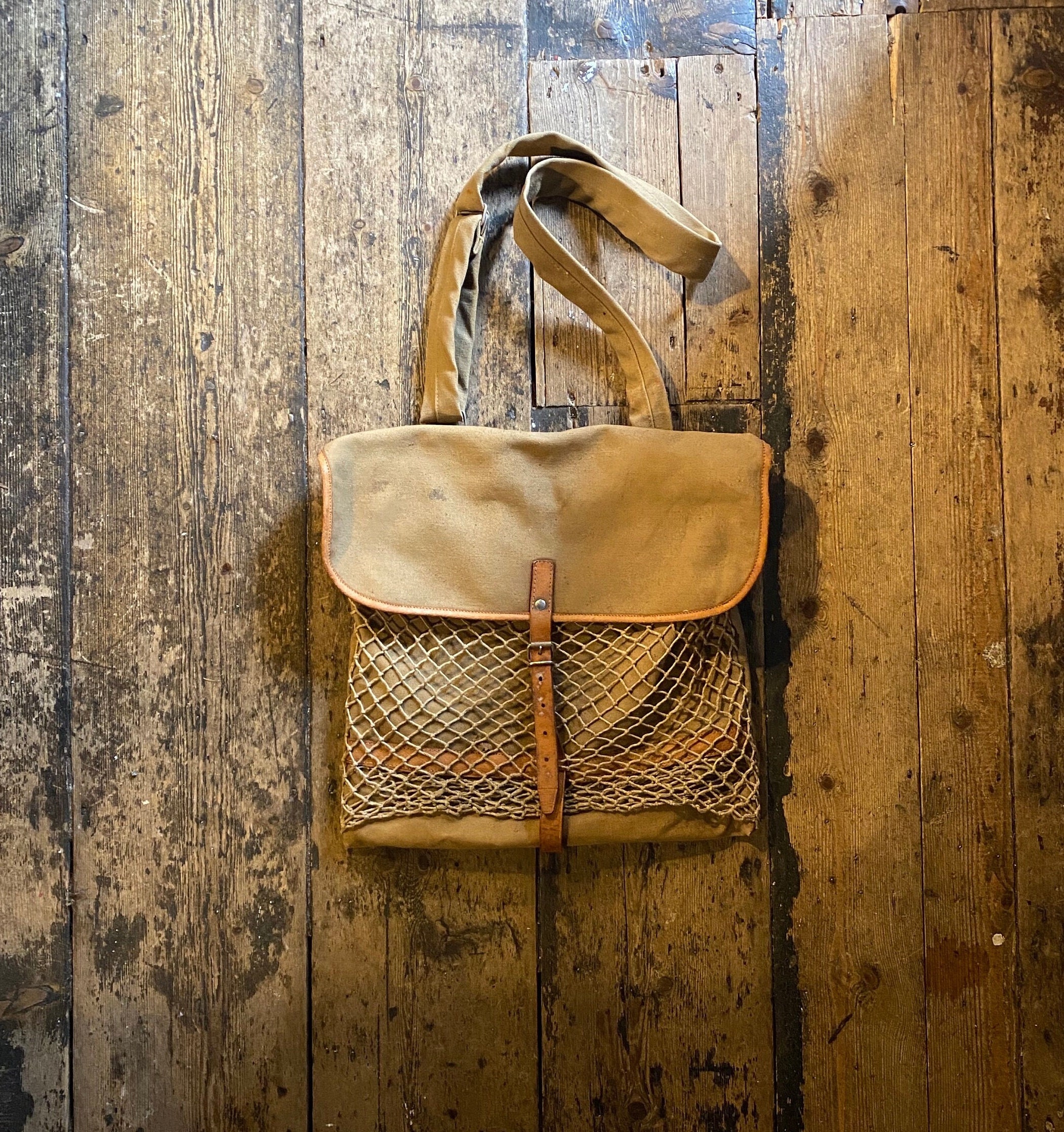 Vintage American Hunting and Fishing Shoulder Bag, With Cartridge Pockets  and Fish Net, Rubberised Canvas. 