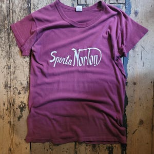 Vintage, 1980s Sport&#39;n Norton tee, maroon, deep red, Skinny Medium.