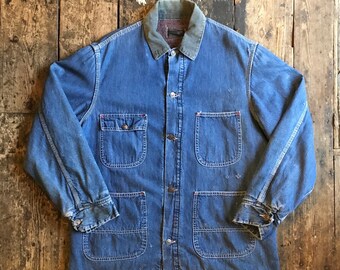 Vintage jaren 1970 vervaagde Sears Work'N Leisure deken gevoerd denim schuur/karwei jas, groot