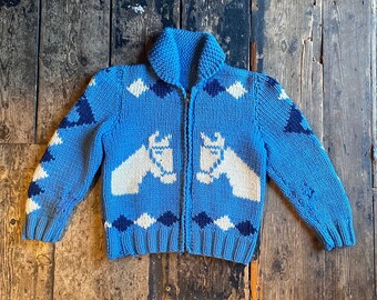 1950s Cowichan Cardigan, Horse Design, Clark Zipper, Hand Knitted, Extra Small