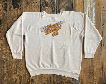 Zeldzame jaren 1970/80 Iowa Hawkeyes Sweatshirt, Discus Tag, Under Arm Gusset, Zacht en vervaagd, Made in USA, Maat X-Large.