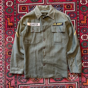 Vintage 1960's Vietnam Era US Army OG-107 Patched Field Shirt. Made in Usa, Size Small.