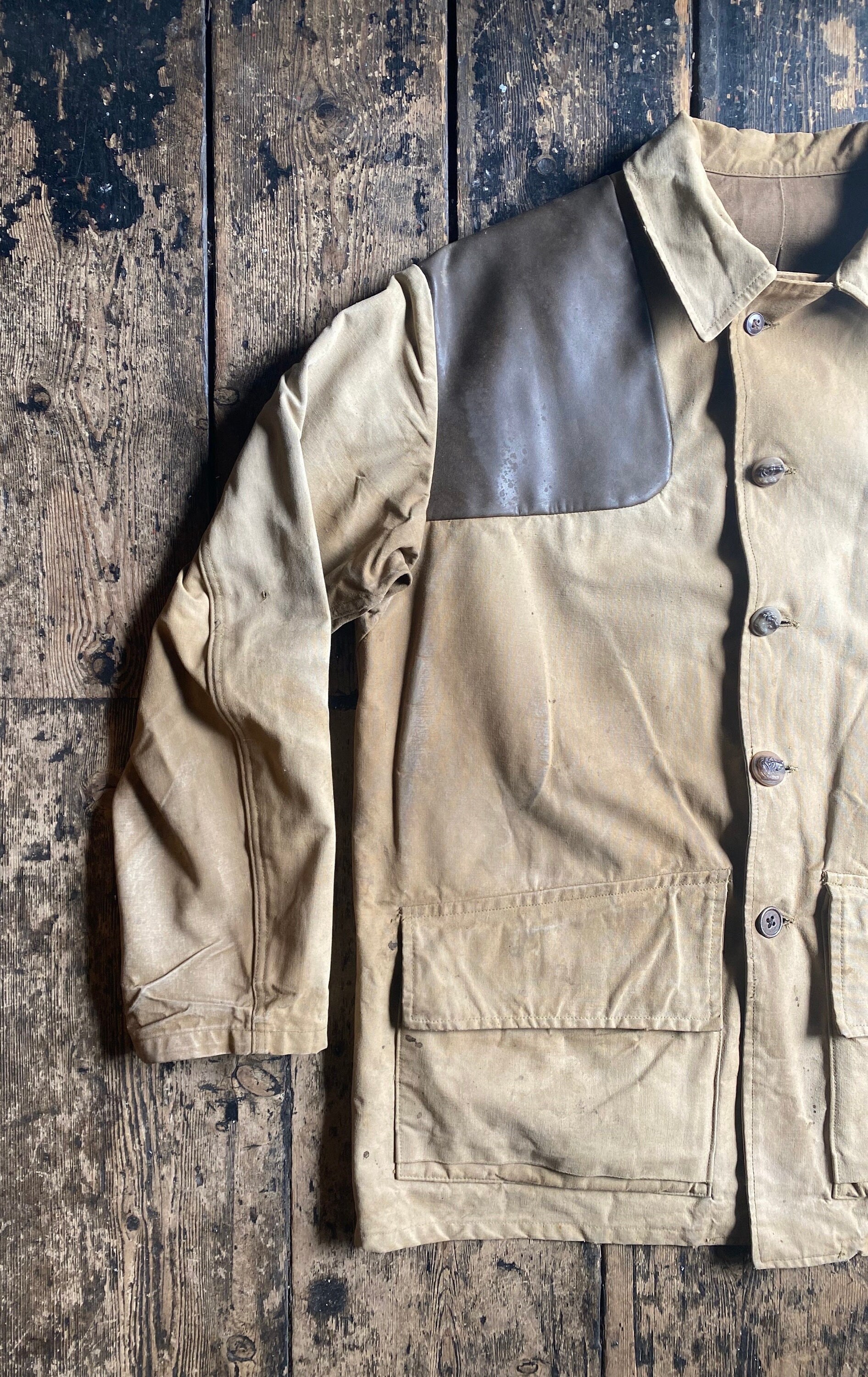 Vintage 1950 60s French Canvas Hunting Jacket Brand Toile colam Leather Padded Shoulder Game Bone Buttons Poachers Pocket Large Etsy Canada