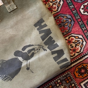 May include: Olive green tote bag with the word "HAWAII" printed in black block letters. A black silhouette of a hula dancer is also printed on the bag. The bag has a white trim and a canvas handle.