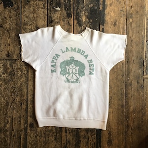 Rare 1950s Fraternity Sweatshirt, Cut Sleeve “Kappa Lambda Beta”, Size Small.