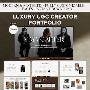 May include: A digital portfolio template with a modern aesthetic, designed for UGC creators. The template includes over 20 pages and is fully customizable in Canva. The design features a photo of a woman and sections for showcasing work and client feedback.