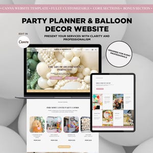 Può includere: Un laptop e un tablet che mostrano un modello di sito web per organizzatori di feste e decorazioni con palloncini. Il sito web presenta un design pulito con immagini di decorazioni per feste. Il testo include "Party Planner & Balloon Decor Website".