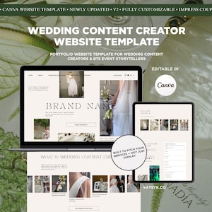 Pode incluir: Um modelo de site para criadores de conteúdo de casamento projetado para Canva, apresentando um laptop e um tablet exibindo um layout de portfólio com cabeçalhos de texto, espaços reservados para imagens e um emblema circular.