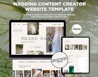 May include: A digital wedding content creator website template designed for Canva, featuring a laptop and tablet display showing a portfolio layout with text headers, image placeholders, and a circular badge stating BUILT TO PITCH YOUR SERVICES.