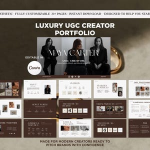 Puede incluir: Una plantilla de portafolio digital para creadores de UGC. El diseño presenta una combinación de colores marrón oscuro y beige con el texto "LUXURY UGC CREATOR PORTFOLIO" y "MAYA CARTER". La plantilla es editable en Canva e incluye varias páginas.