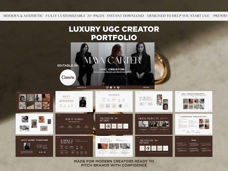 May include: A digital portfolio template for UGC creators. The design features a dark brown and beige color scheme with the text "LUXURY UGC CREATOR PORTFOLIO" and "MAYA CARTER". The template is editable in Canva and includes multiple pages.