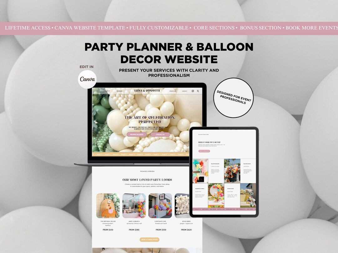 Party Planner Canva Website Template | Balloon Decor Website, Event ...