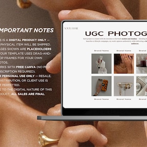 UGC content creator portfolio template featuring photo gallery layout and brand collaboration showcase in Canva