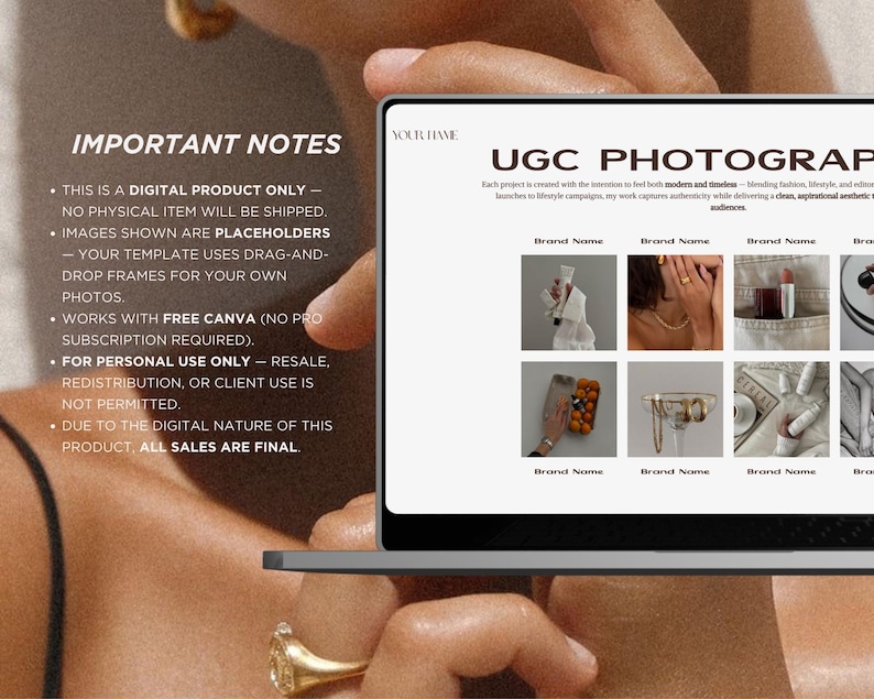 UGC content creator portfolio template featuring photo gallery layout and brand collaboration showcase in Canva