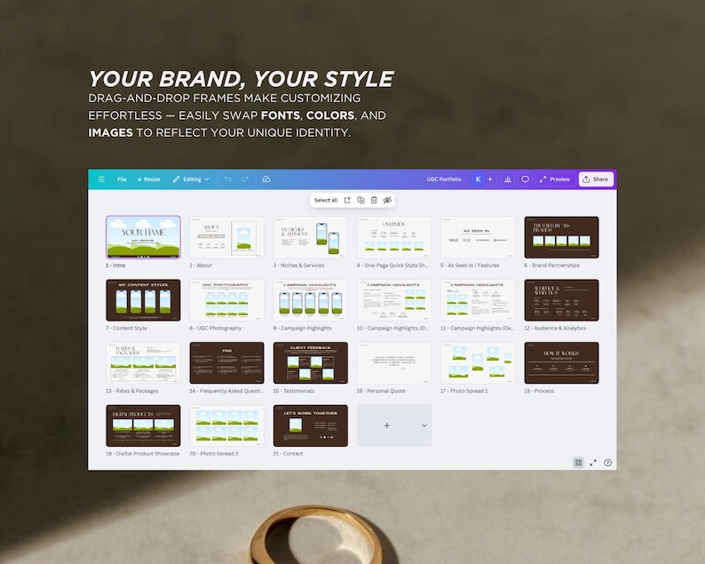 Customizable Canva pitch deck template for influencers and UGC creators to present services, rates and social media statistics
