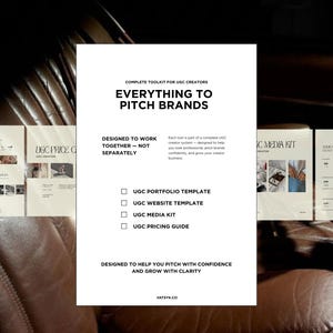 May include: A white document titled "EVERYTHING TO PITCH BRANDS" with a list of tools for UGC creators. The document is surrounded by other documents and a brown leather surface. The text includes "UGC PORTFOLIO TEMPLATE" and "UGC WEBSITE TEMPLATE".
