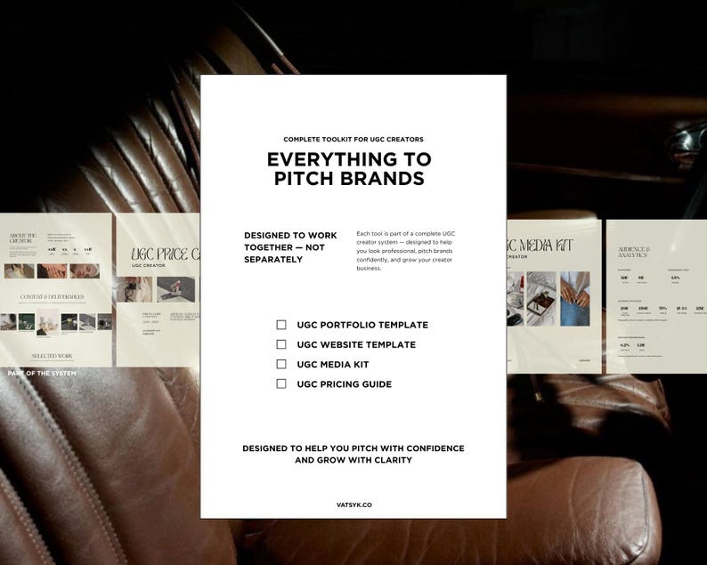 May include: A white document titled "EVERYTHING TO PITCH BRANDS" with a list of tools for UGC creators. The document is surrounded by other documents and a brown leather surface. The text includes "UGC PORTFOLIO TEMPLATE" and "UGC WEBSITE TEMPLATE".