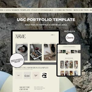 May include: A digital UGC Portfolio Template displayed on a laptop and tablet. The template is editable in Canva and includes sections for brand collaboration examples and creator information. The design is geared towards beauty, skincare, and lifestyle creators.