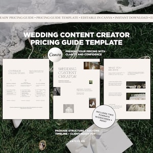 Könnte beinhalten: Eine Vorlage für einen Preisleitfaden für Hochzeits-Content-Ersteller mit dem Text "Wedding Content Creator Pricing Guide Template". Der Leitfaden enthält zwei Formate: Breitbild und Druck.