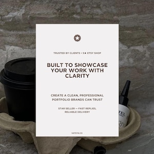 May include: A promotional image featuring a black coffee cup in a cardboard holder, a bottle, and a white card with text. The card reads "BUILT TO SHOWCASE YOUR WORK WITH CLARITY" and other promotional text.