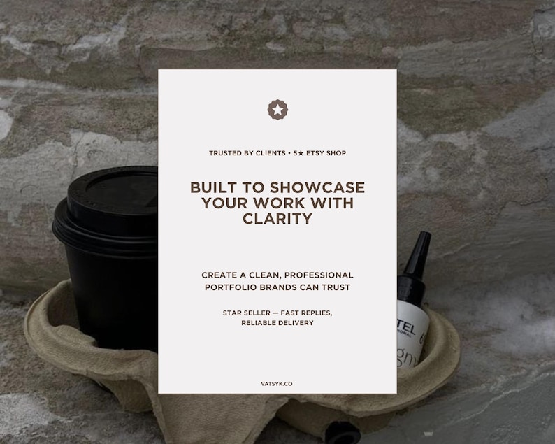 May include: A promotional image featuring a black coffee cup in a cardboard holder, a bottle, and a white card with text. The card reads "BUILT TO SHOWCASE YOUR WORK WITH CLARITY" and other promotional text.