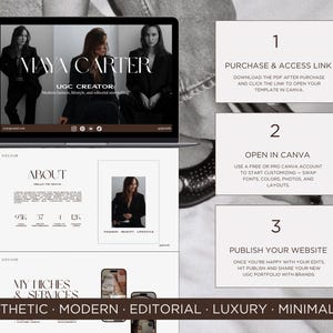 UGC creator portfolio website template in Canva with homepage layout, about section and media kit for influencer brand partnerships