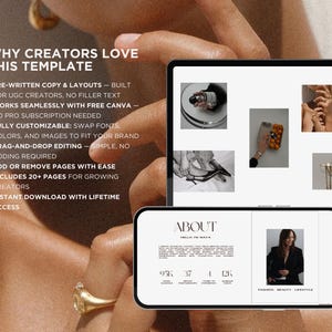 Editable UGC media kit Canva template displayed on tablet and phone featuring portfolio, services, brand collaborations and analytics sections