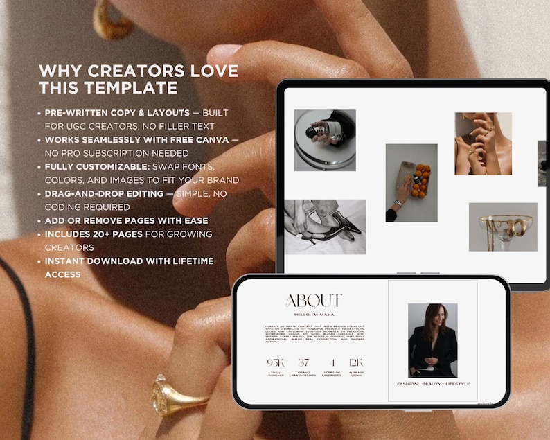 Editable UGC media kit Canva template displayed on tablet and phone featuring portfolio, services, brand collaborations and analytics sections