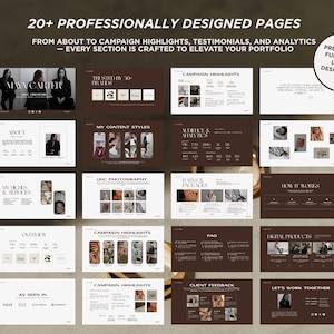 20+ page UGC creator pitch deck template in Canva including portfolio slides, campaign highlights, testimonials and pricing packages